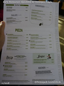 Speisekarte Restaurant Alpenblick – Center Parcs Park Allgäu, Foto Nov. 2018