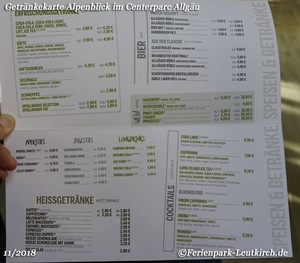 Speisekarte Restaurant Alpenblick – Center Parcs Park Allgäu, Foto Nov. 2018
